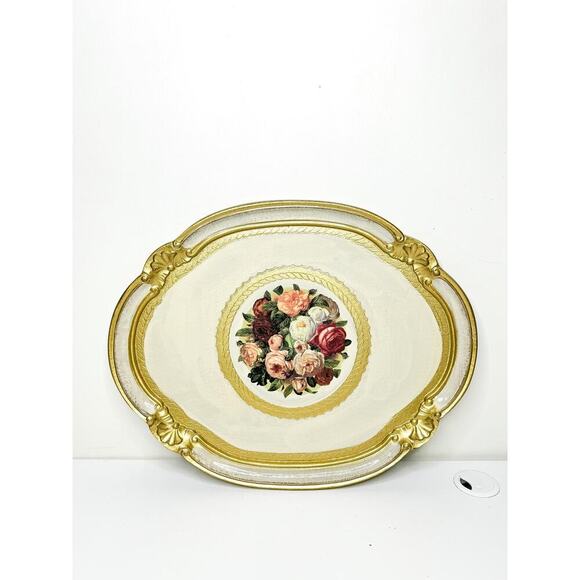 Made In Italy Gold Resin Florentine Tray With Floral Details - Picture 1 of 9
